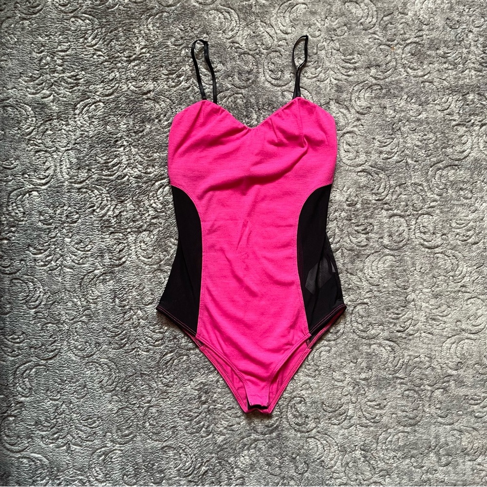 Material Girl Pink and Black Bodysuit with Scoop Neckline